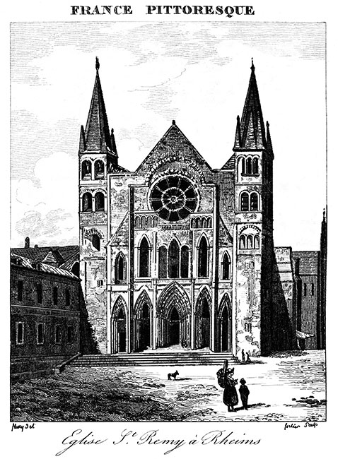 Eglise St Rémi de Reims, vers 1830 - gravure reproduite et restaurée numériquement par © Norbert Pousseur