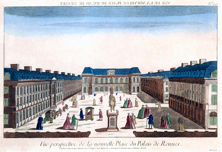 Place du palais de Rennes, en 1790 - gravure conservée et reproduite par la BNF, et restaurée numériquement par © Norbert Pousseur