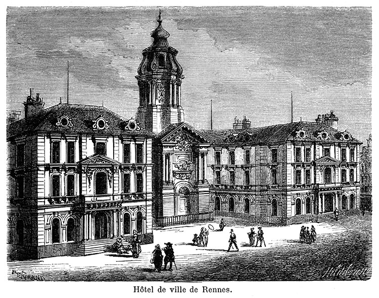 Hôtel de ville deRennes, vers 1870 - gravure reproduite et restaurée numériquement par © Norbert Pousseur