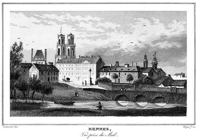 Rennes depuis le Mail, vers 1835 - gravure reproduite et restaurée numériquement par © Norbert Pousseur