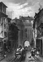 Zoom sur Porte Mordelaise à Rennes, vers 1850 - gravure reproduite et restaurée numériquement par © Norbert Pousseur