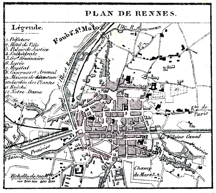 Plan de Rennes vers 1870 - gravure reproduite et restaurée numériquement par © Norbert Pousseur
