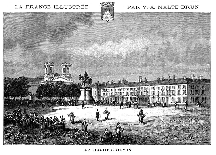 La place centrale de La Roche sur Yon vers 1875 - gravure reproduite et restaurée numériquement par © Norbert Pousseur
