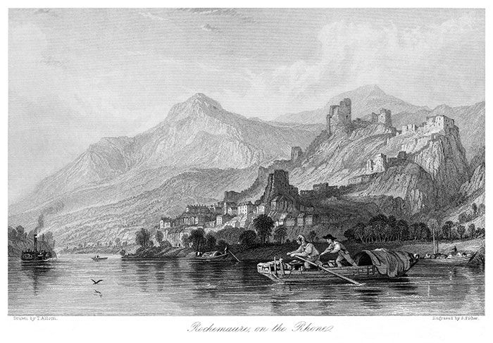 Rochemaure en Ardèche vers 1850 - gravure de Thomas Allom, reproduite puis restaurée numériquement par © Norbert Pousseur