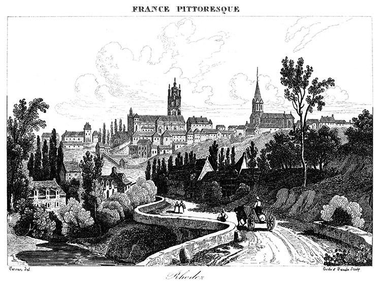 Rodez, depuis sa route d'accès pricipale vers 1830 - gravure reproduite et restaurée numériquement par © Norbert Pousseur