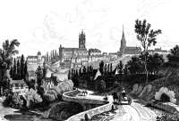 Zoom sur Rodez, depuis sa route d'accès pricipale vers 1830 - gravure reproduite et restaurée numériquement par © Norbert Pousseur