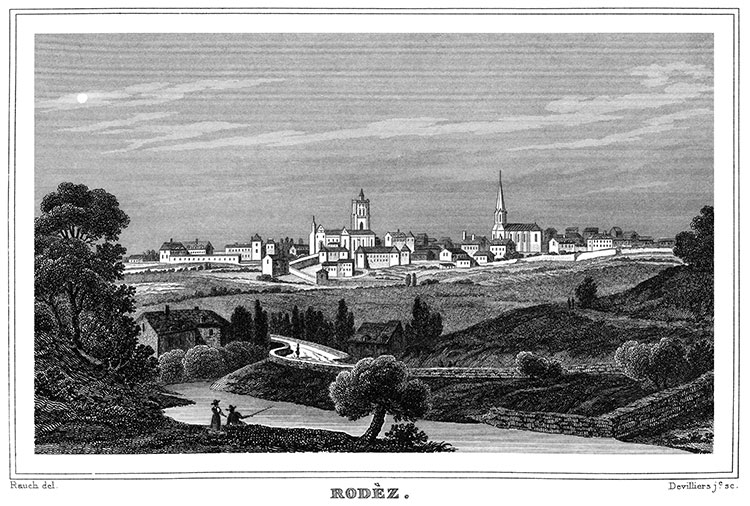 Vue générale de Rodez vers 1835 - gravure de Rauch reproduite et restaurée numériquement par © Norbert Pousseur