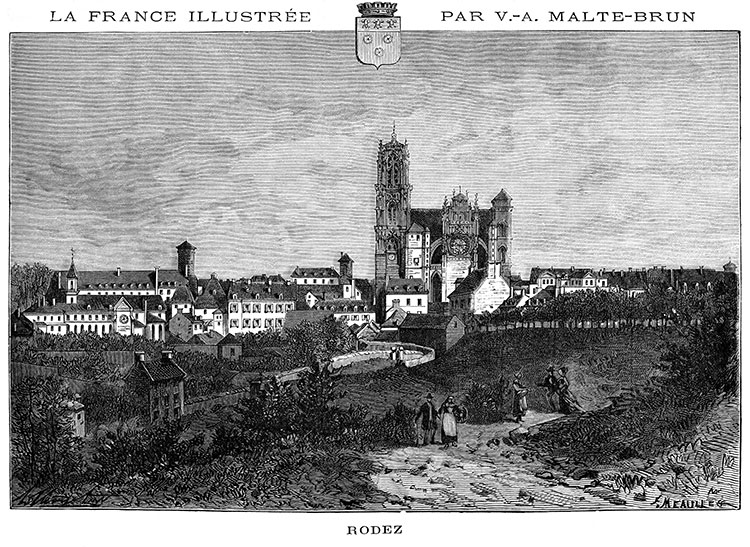 Rodez, entrée de la ville vers vers 1880 - gravure reproduite et restaurée numériquement par © Norbert Pousseur