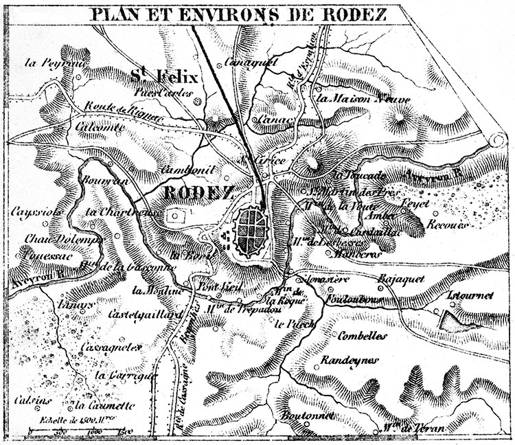 Plan de Rodez vers 1880 - gravure reproduite et restaurée numériquement par © Norbert Pousseur