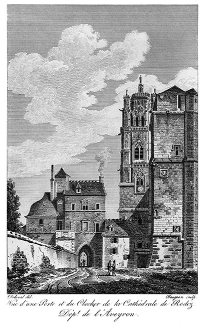 Rodez, porte et cathédrale vers 1825 - gravure reproduite et restaurée numériquement par © Norbert Pousseur