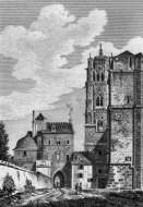 Zoom sur Rodez, porte et cathédrale vers 1825 - gravure reproduite et restaurée numériquement par © Norbert Pousseur