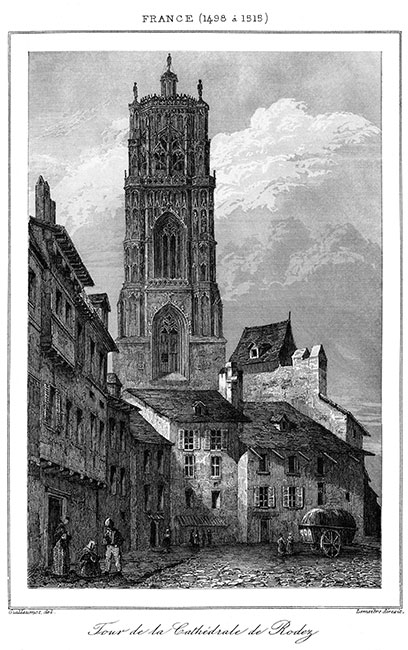 Rue et tour la cathédrale de Rodez, vers 1840 - gravure reproduite et restaurée numériquement par © Norbert Pousseur