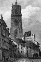 Zoom sur Rue et tour la cathédrale de Rodez, vers 1840 - gravure reproduite et restaurée numériquement par © Norbert Pousseur
