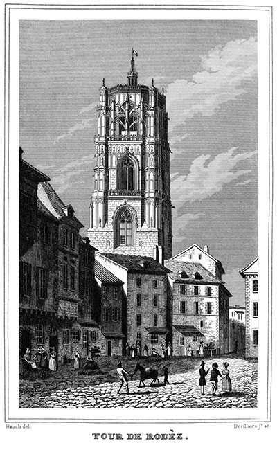 Tour et place à Rodez, vers 1835 - gravure reproduite et restaurée numériquement par © Norbert Pousseur