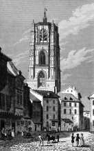 Zoom sur Tour et place à Rodez,  vers 1835 - gravure reproduite et restaurée numériquement par © Norbert Pousseur