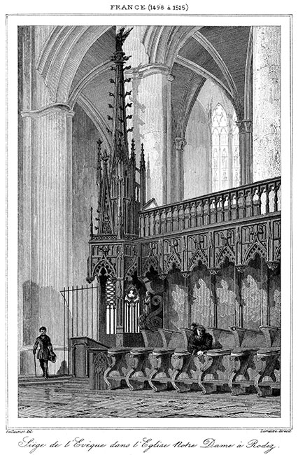 Chaire de l'évêque dans la cathédrale de Rodez, vers 1840 - gravure reproduite et restaurée numériquement par © Norbert Pousseur