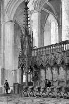 Zoom sur Chaire de l'évêque dans la cathédrale de Rodez, vers 1840 - gravure reproduite et restaurée numériquement par © Norbert Pousseur