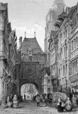 Zoom sur Rue de la Grosse Horloge à Rouen vers 1840 par Thomas Allom - gravure reproduite et restaurée numériquement par © Norbert Pousseur