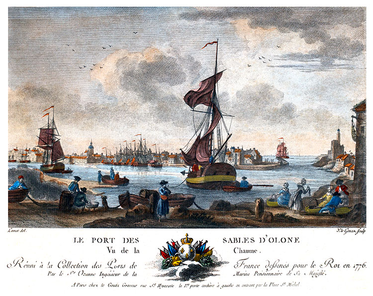 Le Port des Sables d'Olonne, vu de la Chaume, en 1776. - gravure reproduite et restaurée numériquement par © Norbert Pousseur