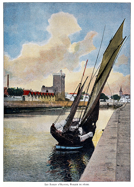 Les sables d'Olonne en 1900, et un barque de pêche  - photo anonyme colorisée, reproduite et restaurée numériquement par © Norbert Pousseur