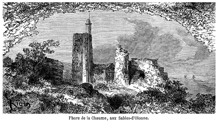 Aux Sables d'Olonne, phare de la Chaume vers 1870 - gravure reproduite et restaurée numériquement par © Norbert Pousseur