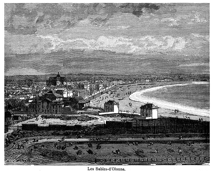 Les Sables d'Olonne et sa plage vers 1875- gravure reproduite et restaurée numériquement par © Norbert Pousseur