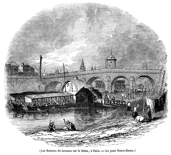 Les bateaux lavoirs sur la Seine à Paris au 19ème siècle - gravure reproduite et restaurée numériquement par © Norbert Pousseur