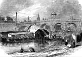 Zoom sur Les bateaux lavoirs sur la Seine à Paris au 19ème siècle - gravure reproduite et restaurée numériquement par © Norbert Pousseur