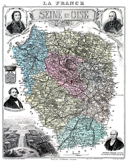 Carte du département de la  Seine et Oise en 1883 - gravure reproduite et restaurée numériquement par © Norbert Pousseur