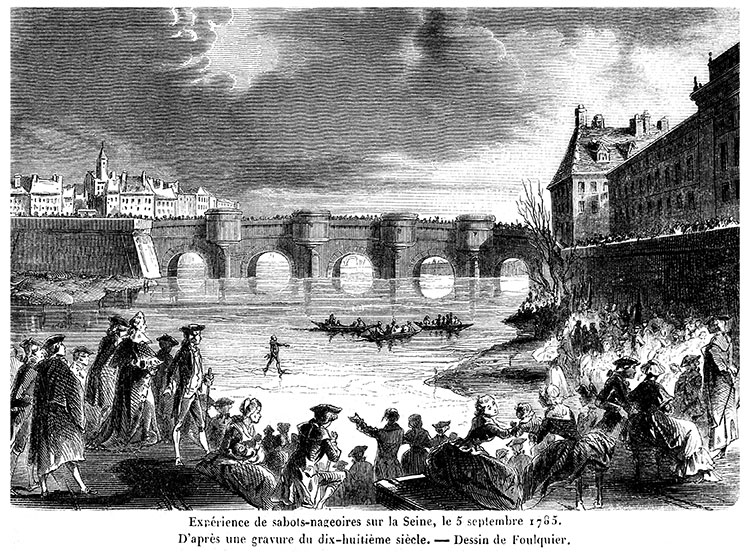 Essai de sabots-nageoires sur la Seine à Paris en 1765 - gravure reproduite et restaurée numériquement par © Norbert Pousseur