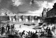 Zoom sur Essai de sabots-nageoires sur la Seine à Paris en 1765 - gravure reproduite et restaurée numériquement par © Norbert Pousseur