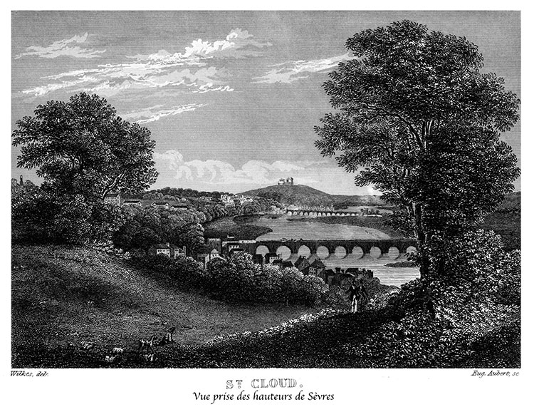 St Cloud, vue prise des hauteurs de Sèvres, vers 1845 - gravure reproduite et restaurée numériquement par © Norbert Pousseur