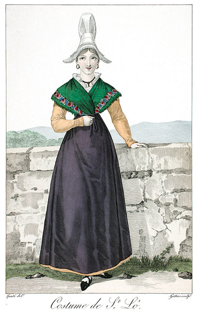 Costume d'une jeune bourgeoise de St Lô Costume d'une jeune bourgeoise de St Lô
vers 1820 - gravure de Louis-Marie Lanté reproduite et restaurée numériquement par © Norbert Pousseur