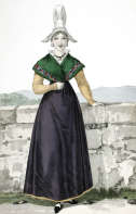 Zoom sur Costume d'une jeune bourgeoise de St Lô 
vers 1820 - gravure de Louis-Marie Lanté  reproduite et restaurée numériquement par © Norbert Pousseur