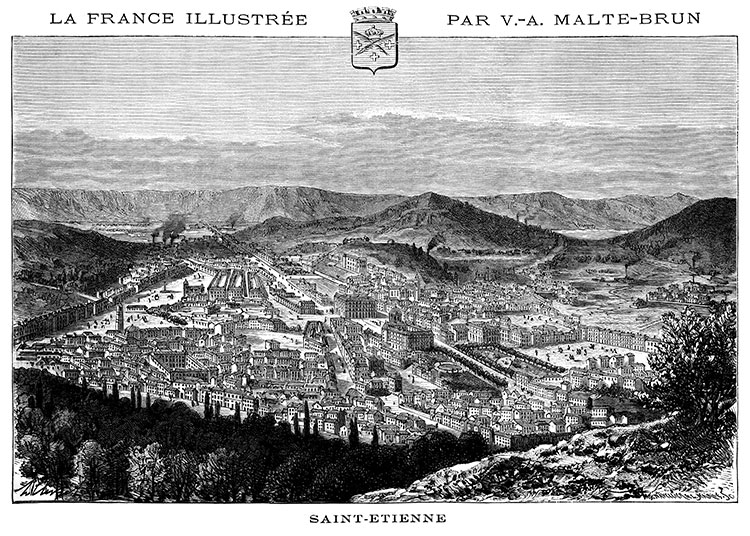 La ville de Saint-Etienne vers 1880 - gravure reproduite et restaurée numériquement par © Norbert Pousseur