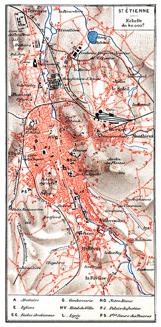 Plan de Saint-Etienne vers 1900 - reproduction et restauration numériquement par © Norbert Pousseur