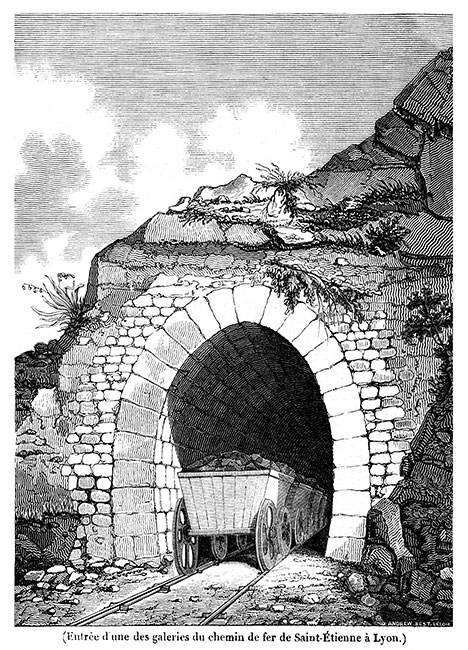 Wagon de charbon dans un tunnel de Saint-Etienne - gravure reproduite et restaurée numériquement par © Norbert Pousseur