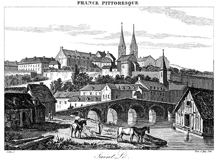 St Lô et son pont vers 1830 - gravure reproduite et restaurée numériquement par © Norbert Pousseur St Lô et son pont vers 1830 - gravure reproduite et restaurée numériquement par © Norbert Pousseur