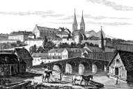 Zoom sur St Lô et son pont vers 1830 - gravure reproduite et restaurée numériquement par © Norbert Pousseur