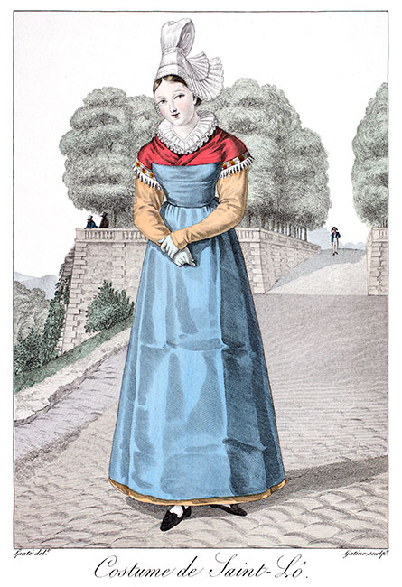 Costume d'une jeune fille de St Lô vers 1820 - gravure de Louis-Marie Lanté reproduite et restaurée numériquement par © Norbert Pousseur Costume d'une jeune fille de St Lô vers 1820 - gravure de Louis-Marie Lanté reproduite et restaurée numériquement par © Norbert Pousseur
