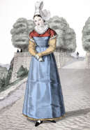 Zoom sur Costume d'une jeune fille de St Lô vers 1820 - gravure de Louis-Marie Lanté  reproduite et restaurée numériquement par © Norbert Pousseur