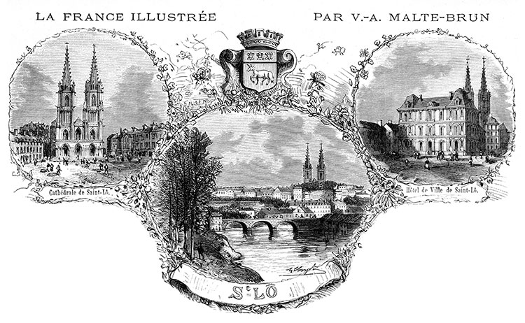 St Lô : sa cathédrale, l'Hôtel de Ville, le pont, vers 1880 - gravure reproduite et restaurée numériquement par © Norbert Pousseur St Lô : sa cathédrale, l'Hôtel de Ville, le pont, vers 1880 - gravure reproduite et restaurée numériquement par © Norbert Pousseur