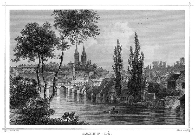 St Lô depuis la Vire, vers 1860 - gravure reproduite et restaurée numériquement par © Norbert Pousseur