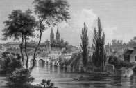 Zoom sur St Lô depuis la Vire, vers 1860 - gravure reproduite et restaurée numériquement par © Norbert Pousseur