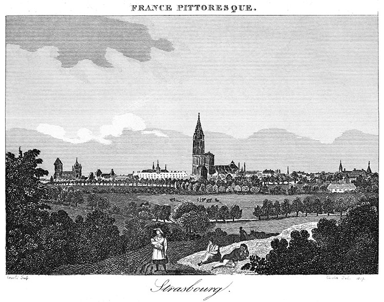 Vue générale de Strasbourg en 1827 - gravure reproduite puis restaurée numériquement par © Norbert Pousseur