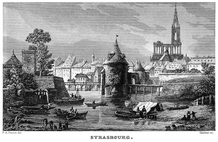 Strasbourg et ses nombreux pêcheurs sur la Brusch vers 1830 - gravure reproduite puis restaurée numériquement par © Norbert Pousseur