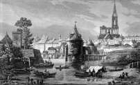 Pour zoom, Strasbourg et ses nombreux pêcheurs vers 1830 - gravure reproduite puis restaurée numériquement par © Norbert Pousseur