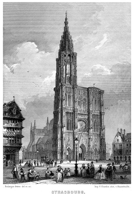 La cathédrale de Strasbourg vers 1840 - gravure reproduite puis restaurée numériquement par © Norbert Pousseur