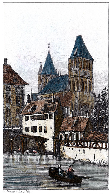 Eglise St Thomas de Strasbourg  en 1830 - gravure reproduite puis restaurée numériquement par © Norbert Pousseur