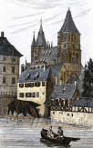 Pour zoom, Autre version de l'église St Thomas de Strasbourg  en 1830 - gravure reproduite puis restaurée numériquement par © Norbert Pousseur
